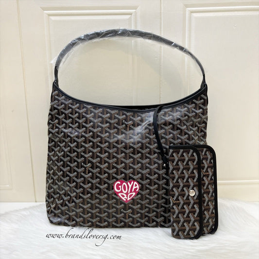 Goyard Boheme PM Hobo Bag in Black Signature Goyardine Canvas with a Red Heart Stamp