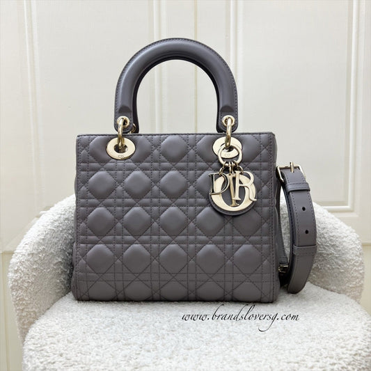 Dior Medium Lady Dior in Grey Lambskin and LGHW (New Version with Adjustable Strap)