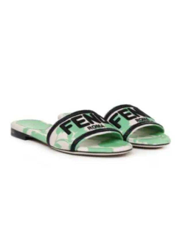 Fendi Rose Print Embroidered Logo Canvas Slide Slippers Green