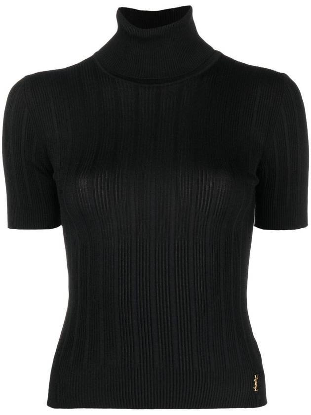 Saint Laurent Rib Silk Monogram Short Sleeve Turtleneck Black