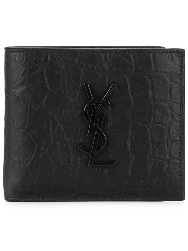 Saint Laurent Men's Monogram Crocodile Leather Half Wallet Black