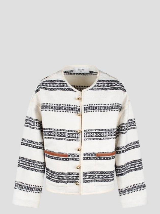 CELINE Baja Striped Tweed Cardigan Craie