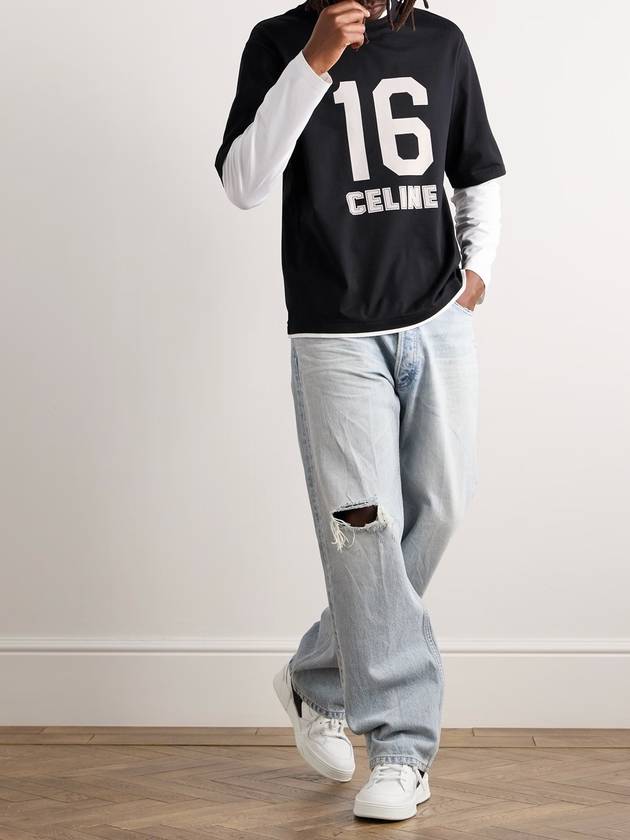CELINE 16 Cracked Effect Print Layered Long Sleeve T-Shirt Black