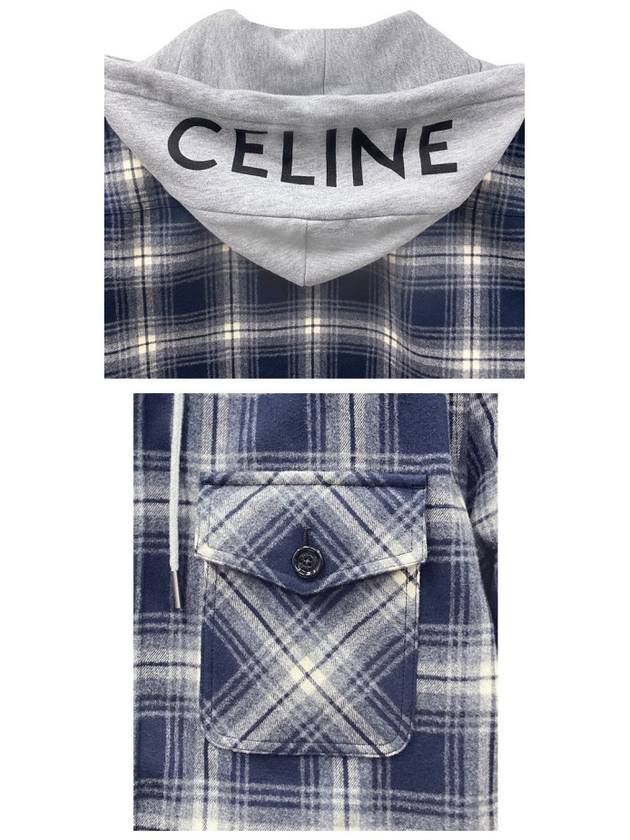 CELINE Check Cotton Hooded Oversized Shirt Jacket Navy