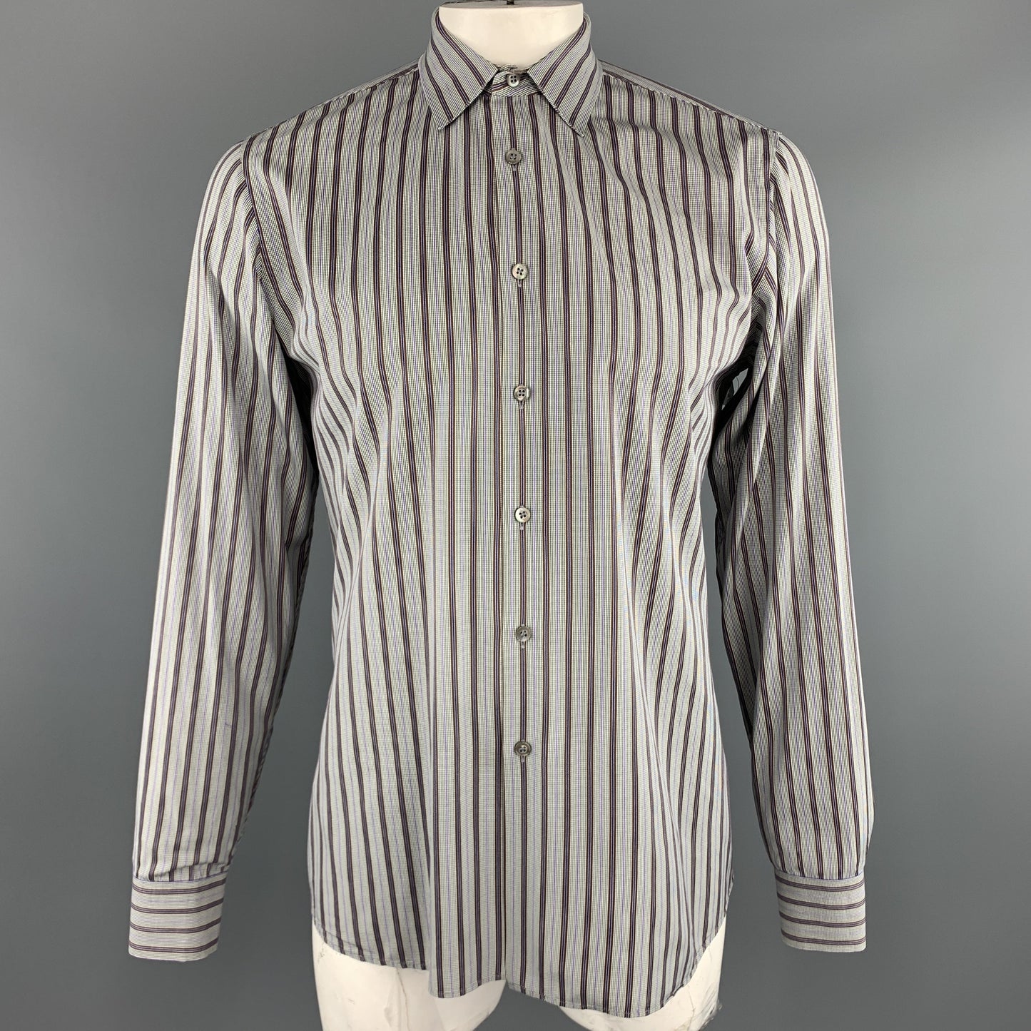PRADA Size L Gray Brown Green & Purple Stripe Cotton  Long Sleeve Shirt