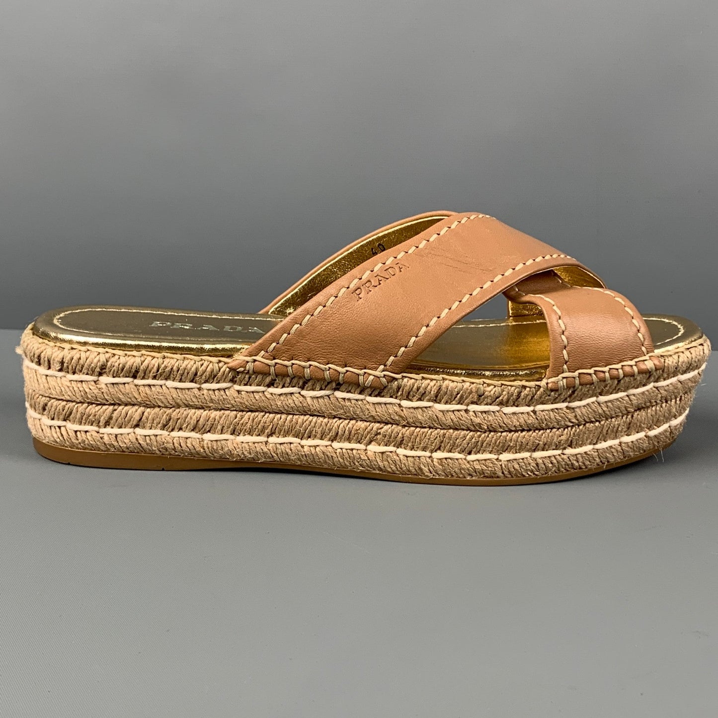 PRADA Size 10 Tan Gold Leather Espadrille Sandals