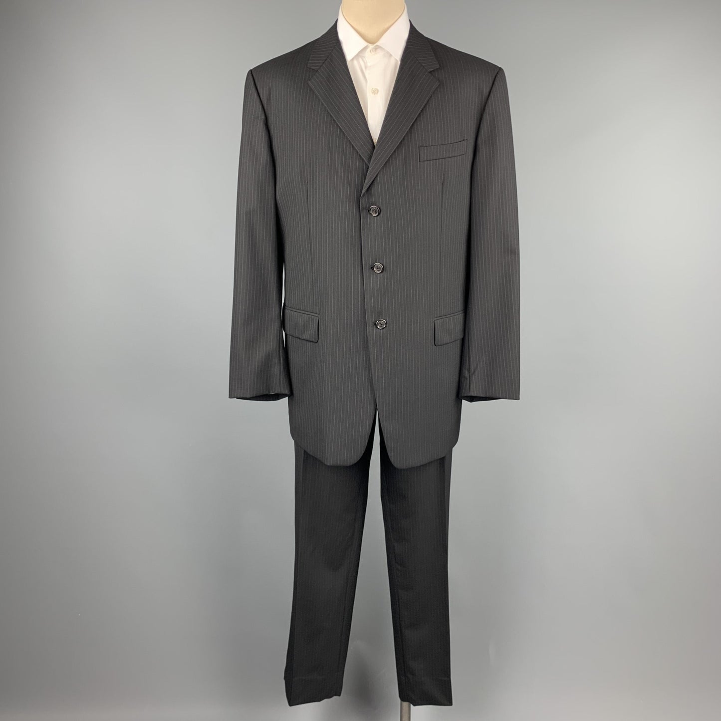 PRADA Size 48 Long Black Stripe Wool Notch Lapel Suit