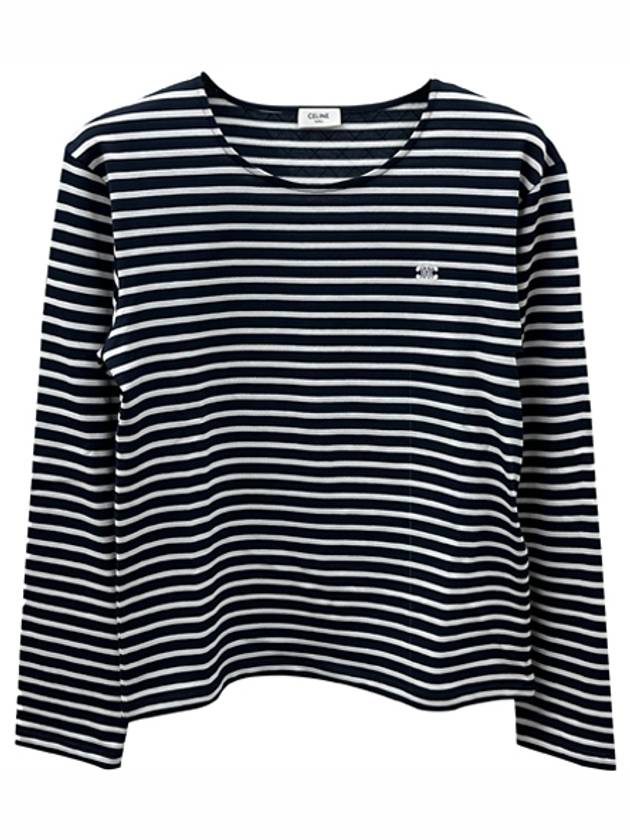 CELINE Triomphe Striped Cotton Jersey Long Sleeve T-Shirt White Navy