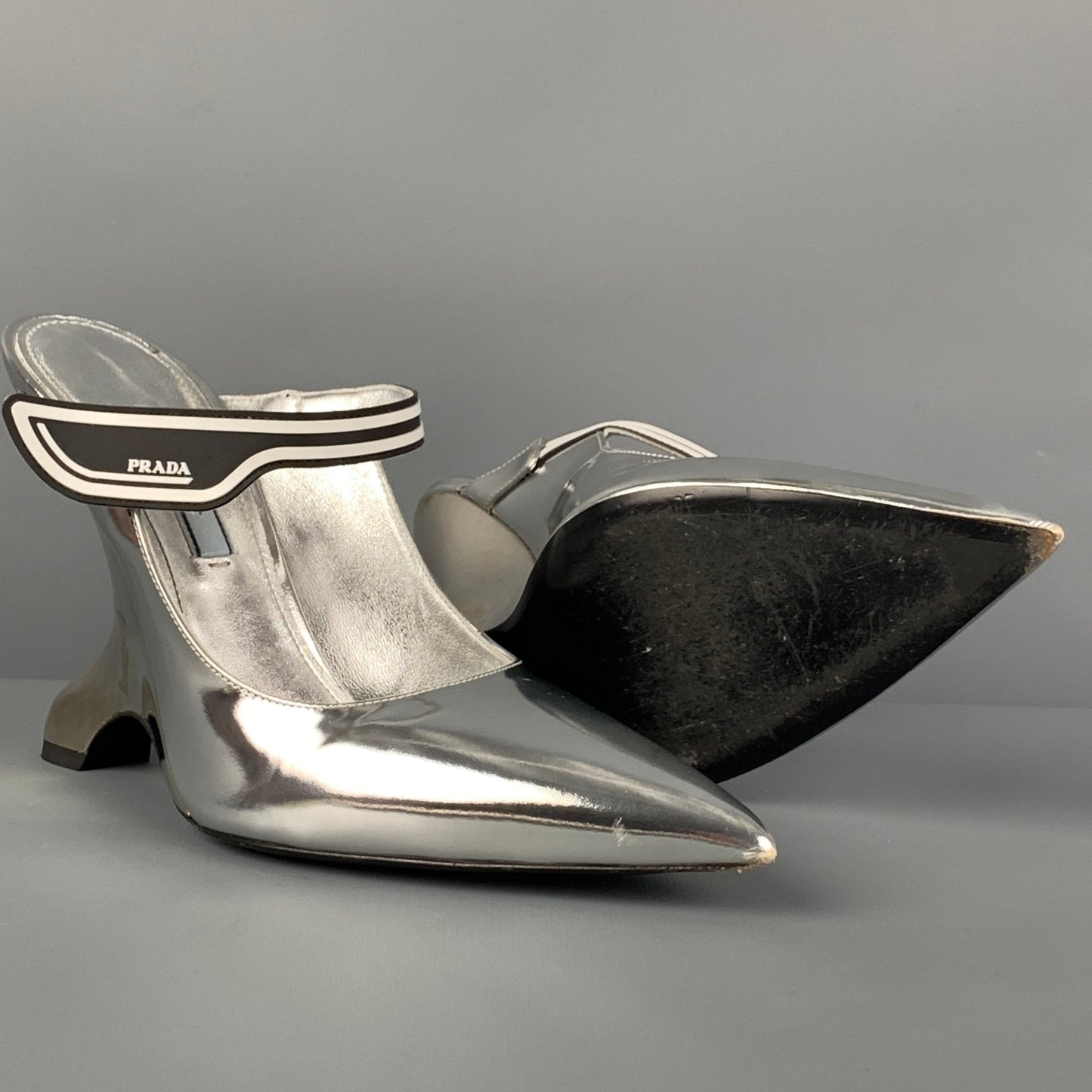 PRADA Size 7.5 Silver Patent Leather Mules Pumps