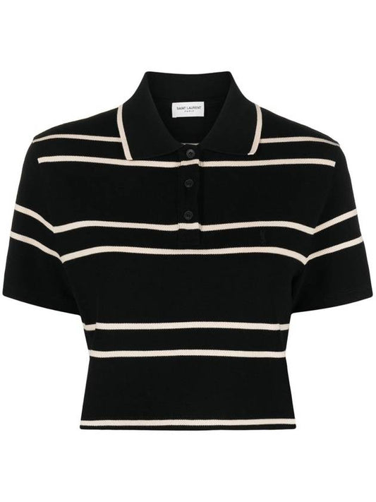 Saint Laurent Cassandre Stripe Cotton Crop Polo Shirt Black