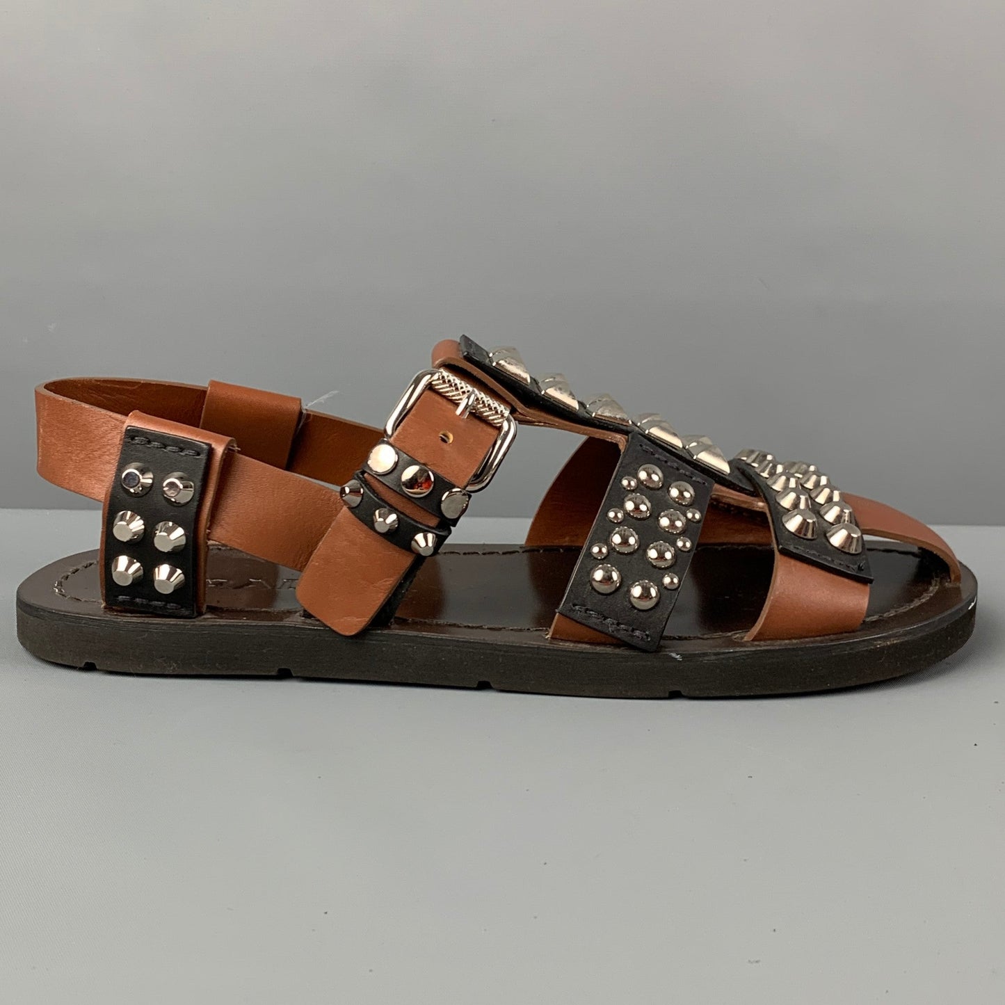 PRADA SS 18 Size 11 Black Brown Studded Leather Straps Sandals