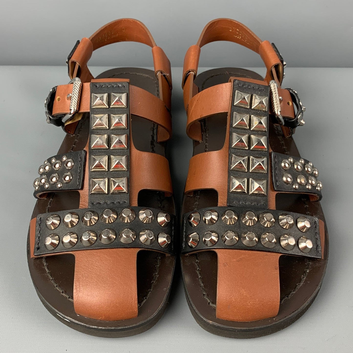 PRADA SS 18 Size 11 Black Brown Studded Leather Straps Sandals