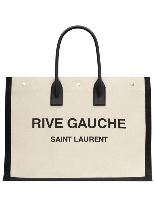 Saint Laurent Rive Gauche Canvas Smooth Leather Large Tote Bag Black
