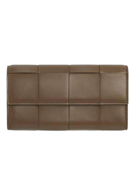 Bottega Veneta Cassette Flap Leather Long Wallet Taupe Grey