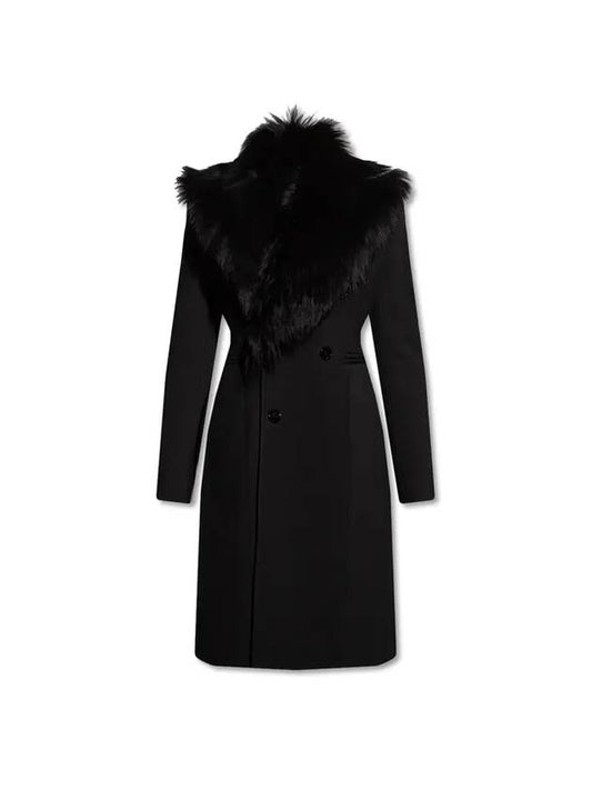 Bottega Veneta Detachable Shearling Collar Wool Slim Fit Double Coat Black