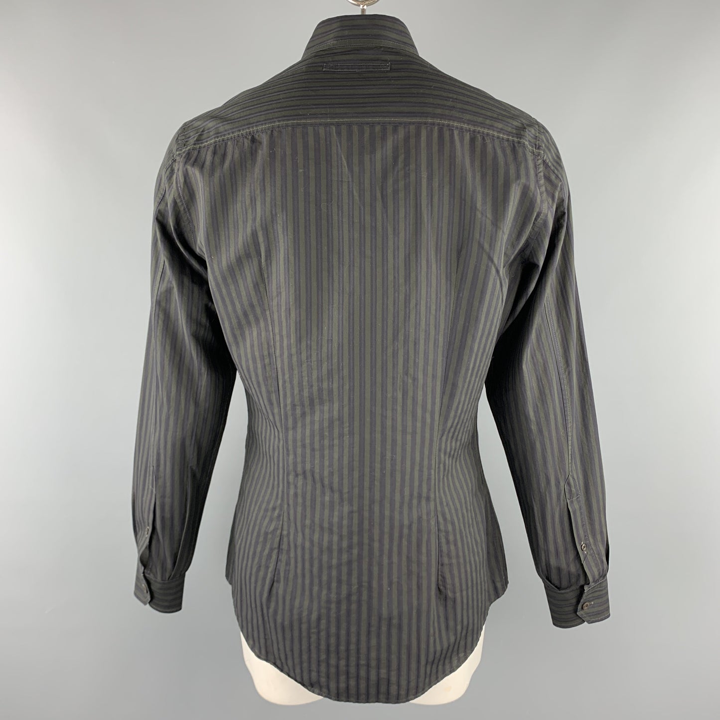 PRADA Size L Gray & Navy Stripe Cotton Button Up Long Sleeve Shirt
