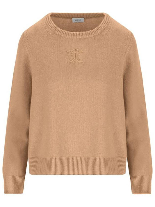CELINE Triomphe Jacquard Crew Neck Heritage Cashmere Knit Top Camel