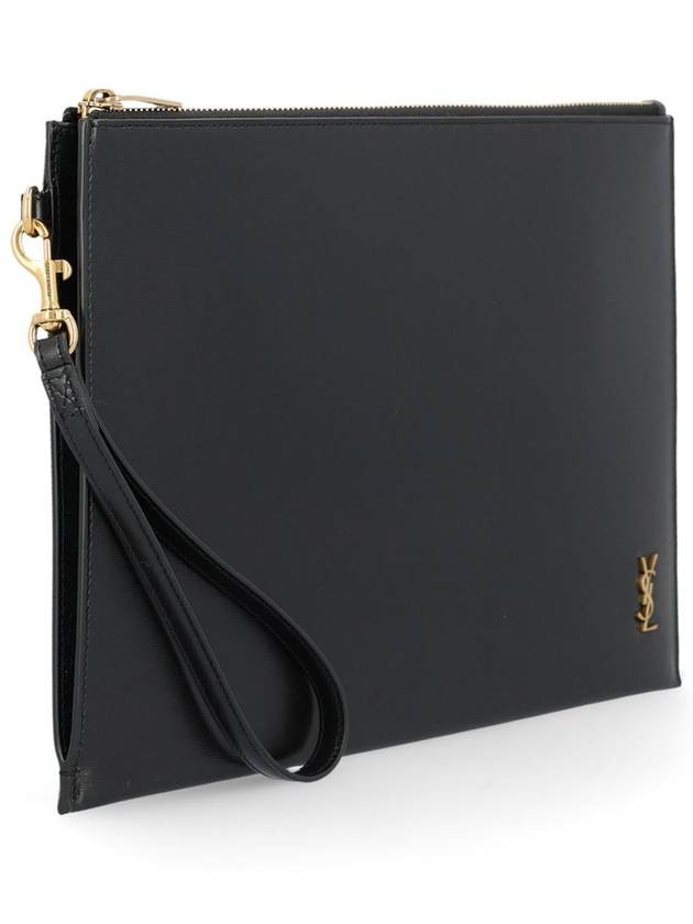 Saint Laurent Tiny Cassandre Shiny Leather Zip Tablet Clutch Bag Black