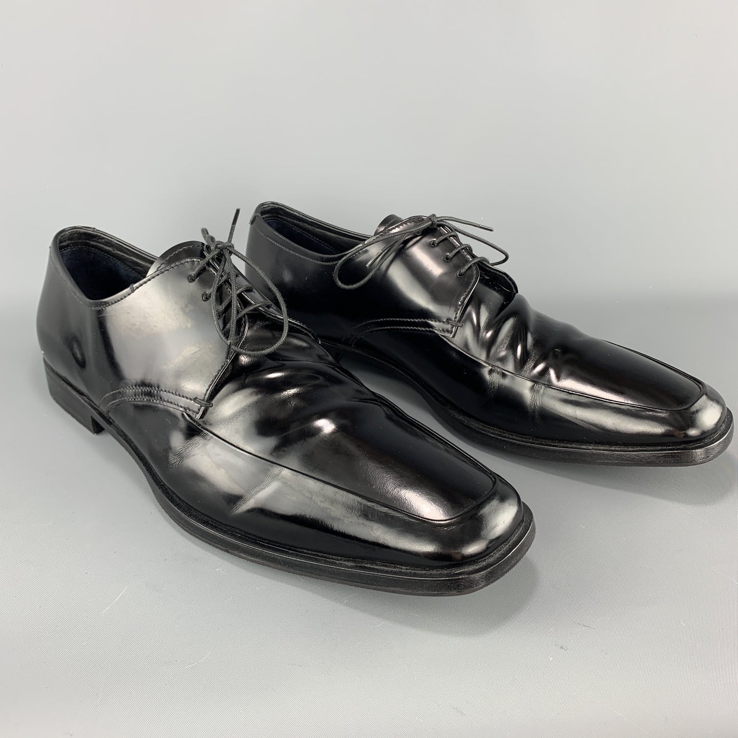 PRADA Size 12.5 Black Leather Apron Toe Lace Up