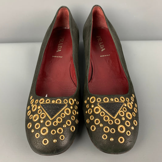 Vintage PRADA Size 6.5 Black Leather Grommet Flats