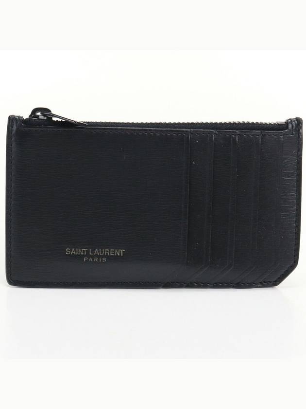 Saint Laurent Lizard Pattern Embossed Fragment Zipper Card Wallet Black