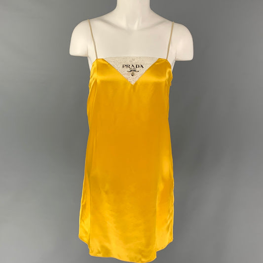PRADA Size 2 Gold Silk Logo Spaghetti Straps Dress