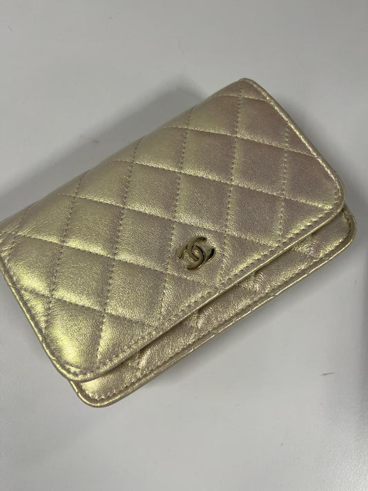 CHANEL - Ivory Iridescent Quilted Lambskin Mini Wallet on Chain