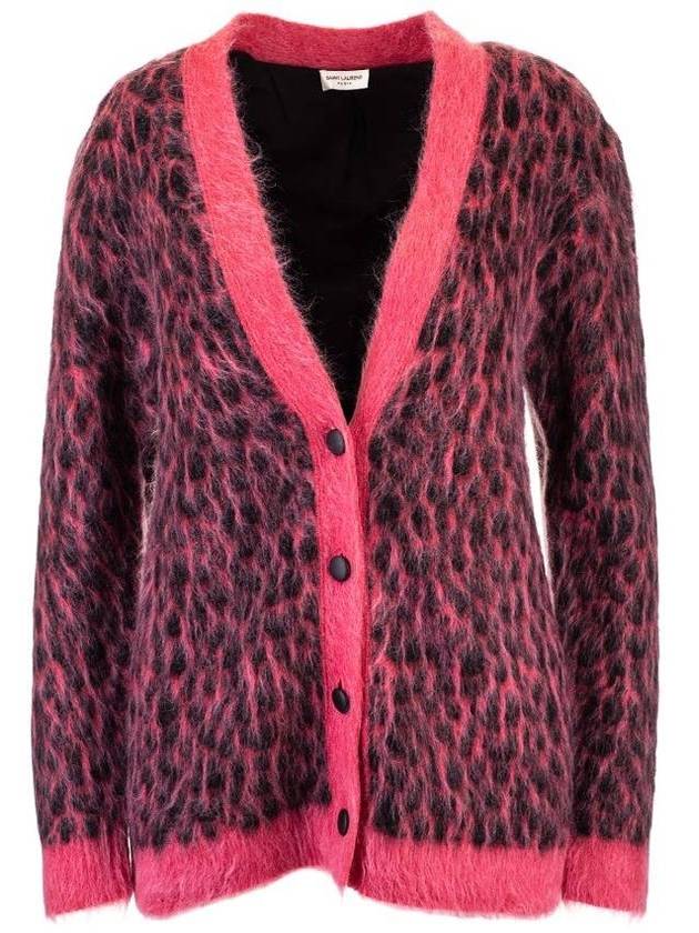 Saint Laurent Leopard Jacquard Cardigan Pink
