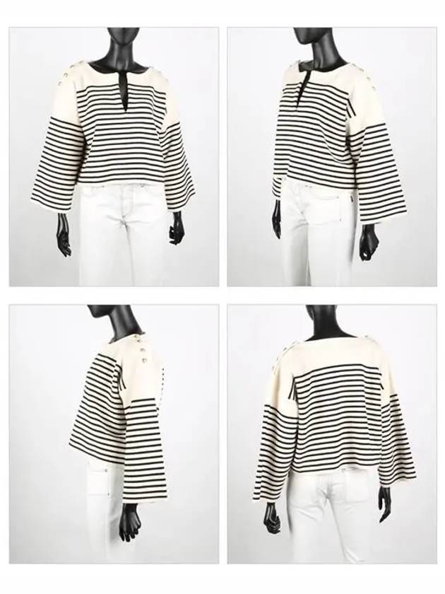 CELINE Striped Open Collar Button Cropped Knit Top Black Ivory