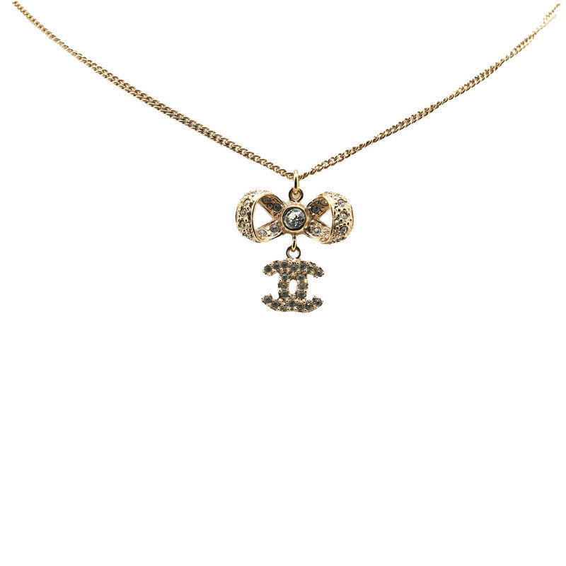 Chanel Rhinestone Ribbon Motif Necklace Gold