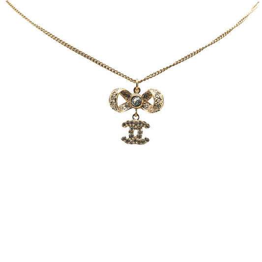 Chanel Rhinestone Ribbon Motif Necklace Gold