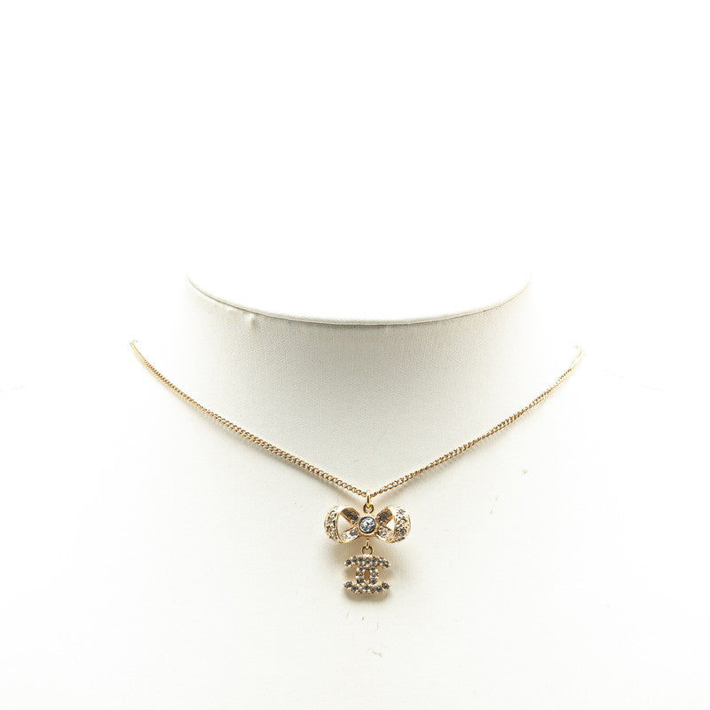 Chanel Rhinestone Ribbon Motif Necklace Gold