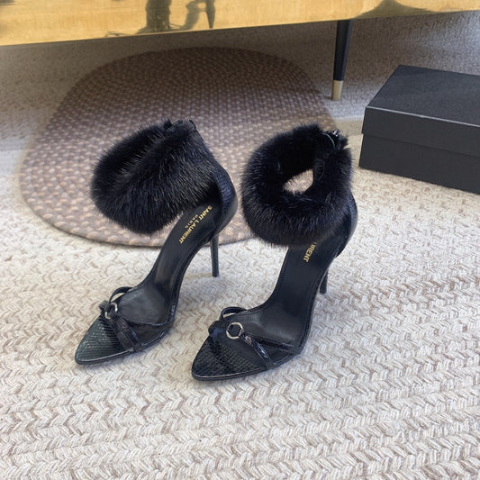 Saint Laurent HIGH HEEL SANDAL IN BLACK POLISHED CALFSKIN AND MINK FUR