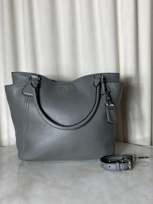 Prada Grey Vitello Daino Tote Bag W/ Charm