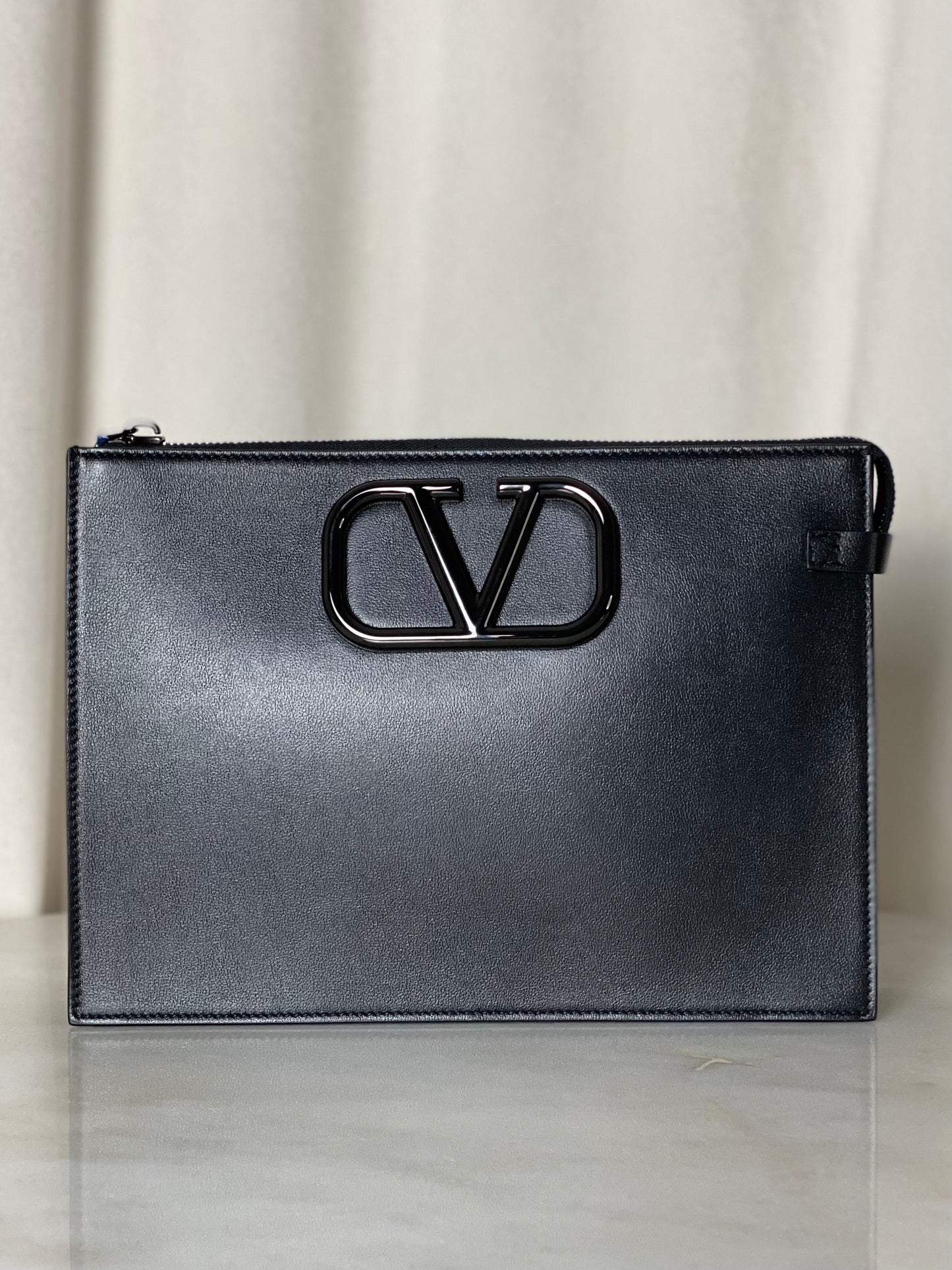 Valentino Black V Logo Zip Clutch
