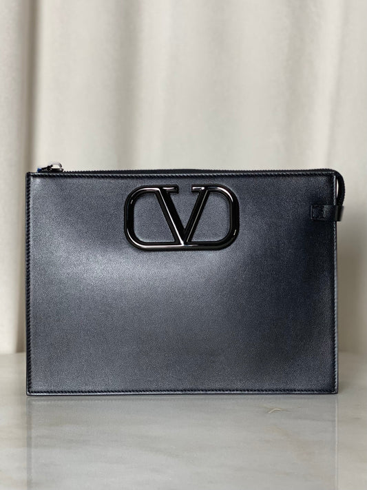 Valentino Black V Logo Zip Clutch