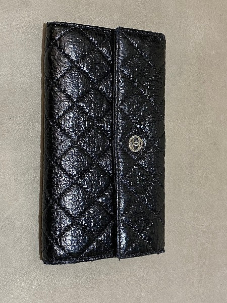 Chanel Black Bifold Distressed Vinyl Long Wallet