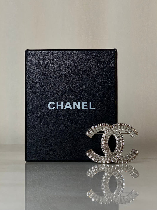 Chanel Silver CC Crystal Brooch