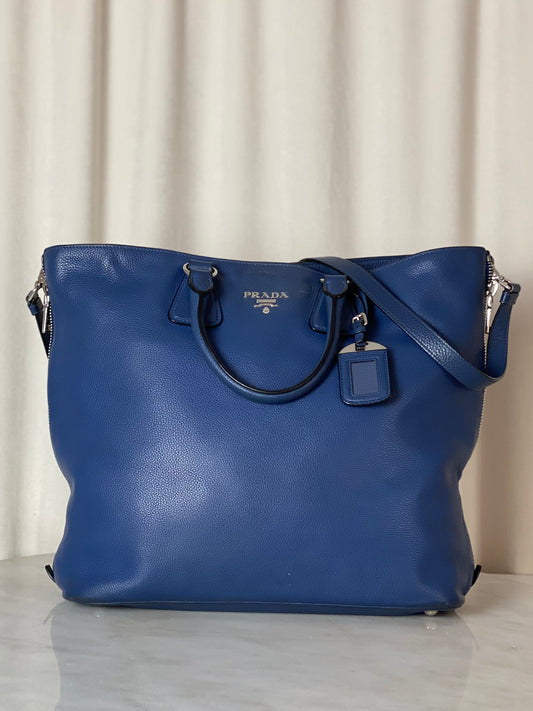 Prada Blue Vitello Daino Tote Bag