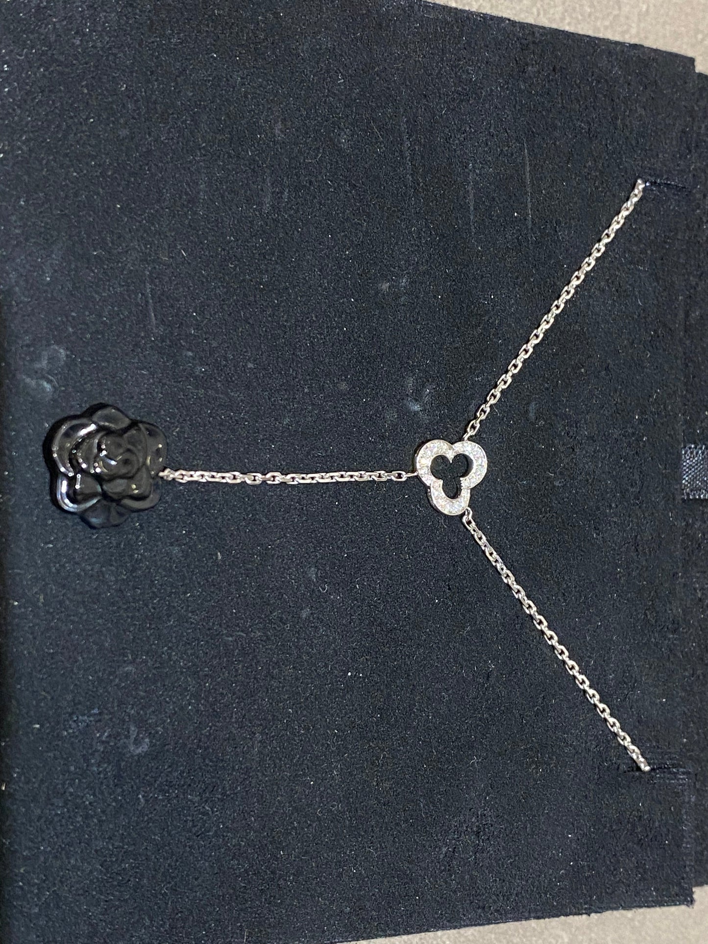 Chanel 18K White Gold Diamond Onyx Sculpte Drop Necklace