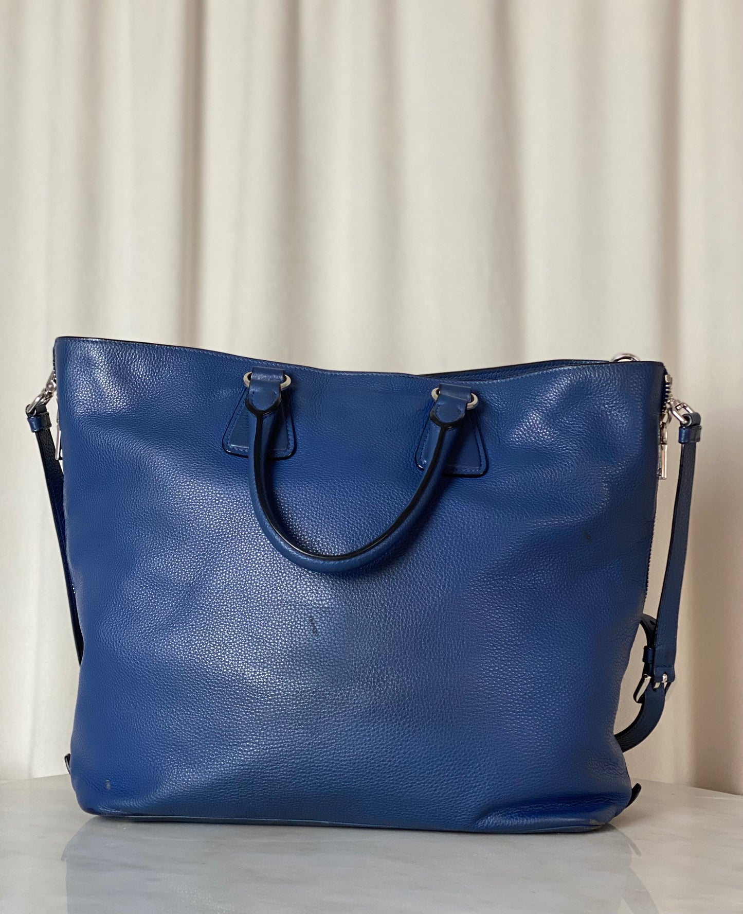 Prada Blue Vitello Daino Tote Bag