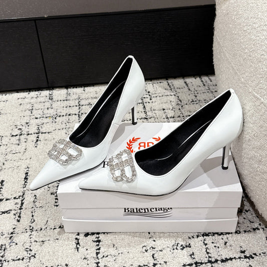 Balanciaga POINTED HIGH PUMPS IN WHITE PATENT CALFSKIN WITH CRYSTAL BUCKLE