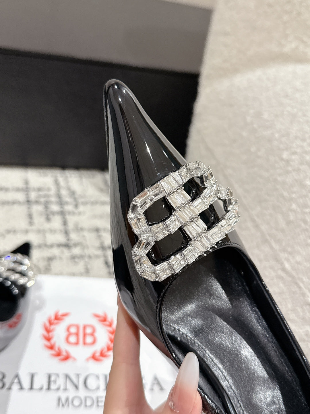 Balanciaga POINTED HIGH PUMPS IN BLACK PATENT CALFSKIN WITH CRYSTAL BUCKLE