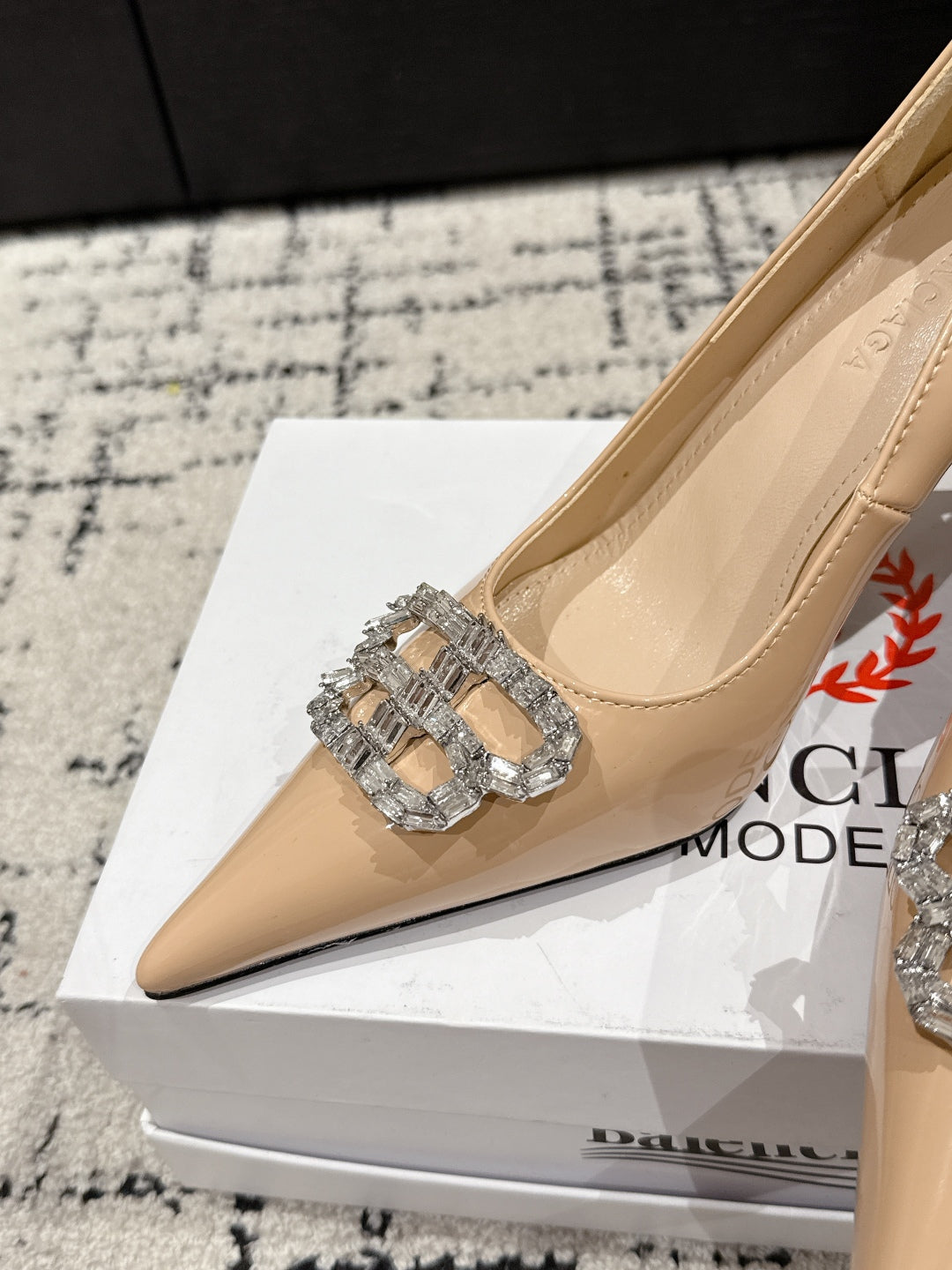 Balanciaga POINTED HIGH PUMPS IN LUXE BEIGE PATENT CALFSKIN WITH CRYSTAL BUCKLE