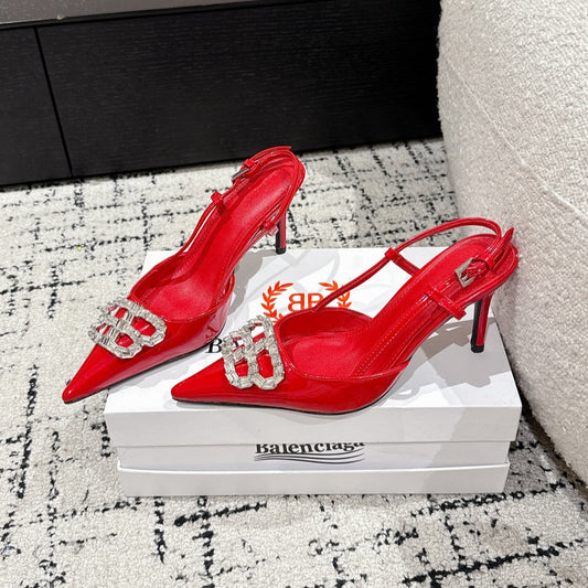 Balanciaga POINTED HIGH SLINGBACK IN RED PATENT CALFSKIN WITH CRYSTAL BUCKLE