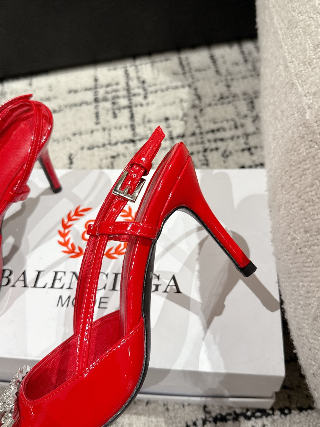 Balanciaga POINTED HIGH SLINGBACK IN RED PATENT CALFSKIN WITH CRYSTAL BUCKLE