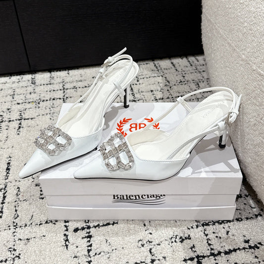 Balanciaga POINTED HIGH SLINGBACK IN WHITE PATENT CALFSKIN WITH CRYSTAL BUCKLE