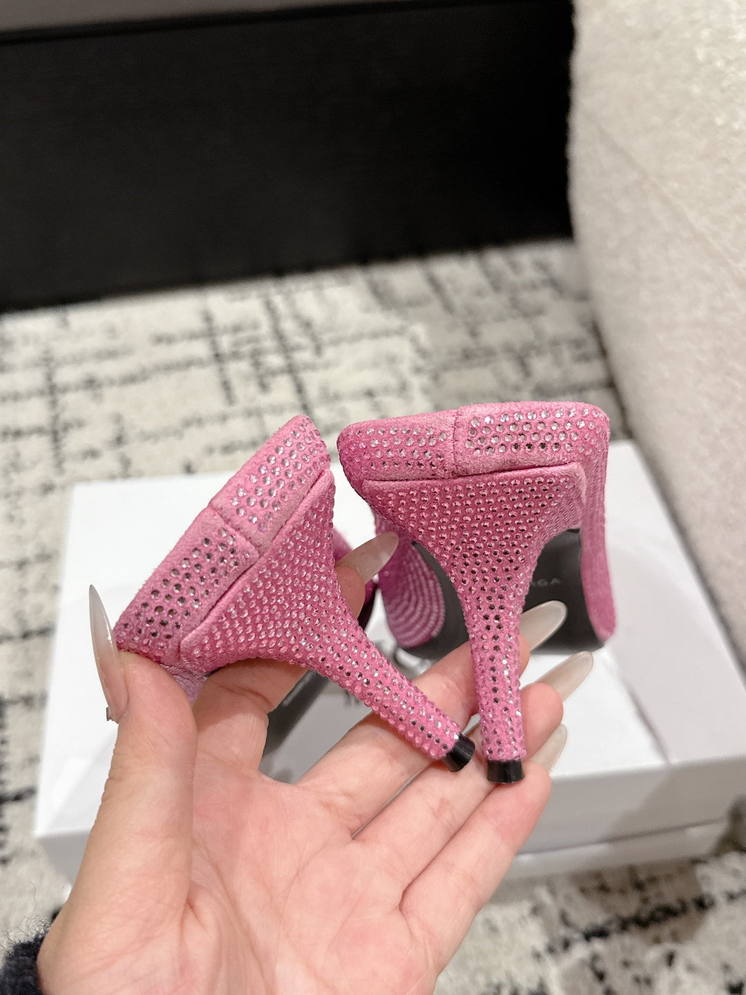 Balanciaga KNIFE 65MM HIGH MULE IN SHOCKING PINK SUEDE ATTACHED FULL CRYSTALS