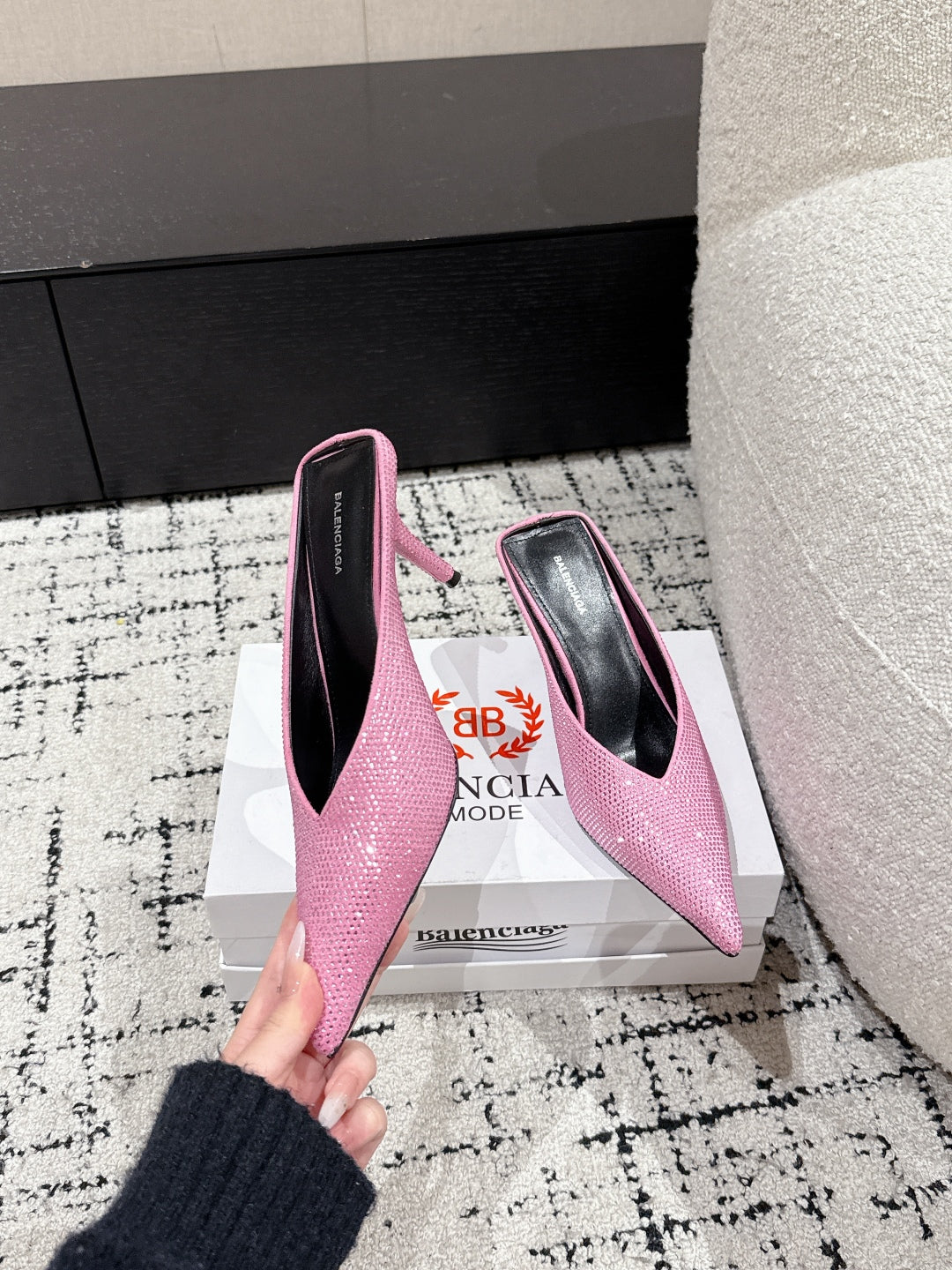 Balanciaga KNIFE 65MM HIGH MULE IN SHOCKING PINK SUEDE ATTACHED FULL CRYSTALS