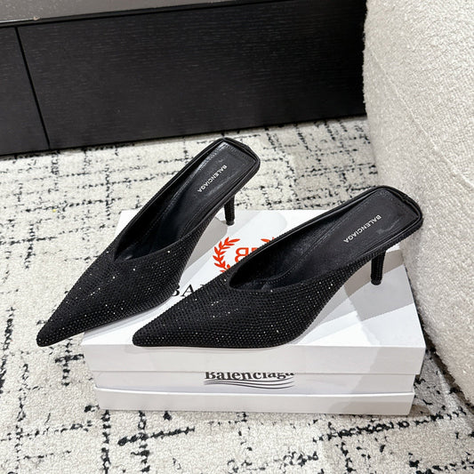 Balanciaga KNIFE 65MM HIGH MULE IN BLACK SUEDE ATTACHED FULL CRYSTALS